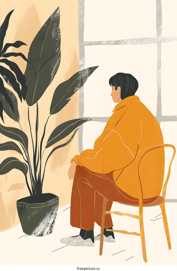 Woman Sitting in Chair by Window and Plant