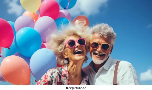 Happy elderly couple with balloons