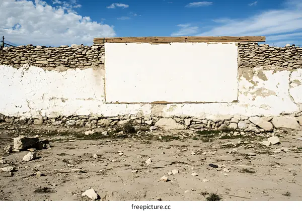 White Wall with Stone Foundation and Blue Sky