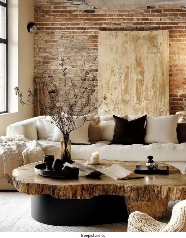 Modern Rustic Living Room with Unique Wooden Coffee Table