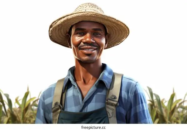 Smiling Farmer in Straw Hat and Blue Checkered Shirt