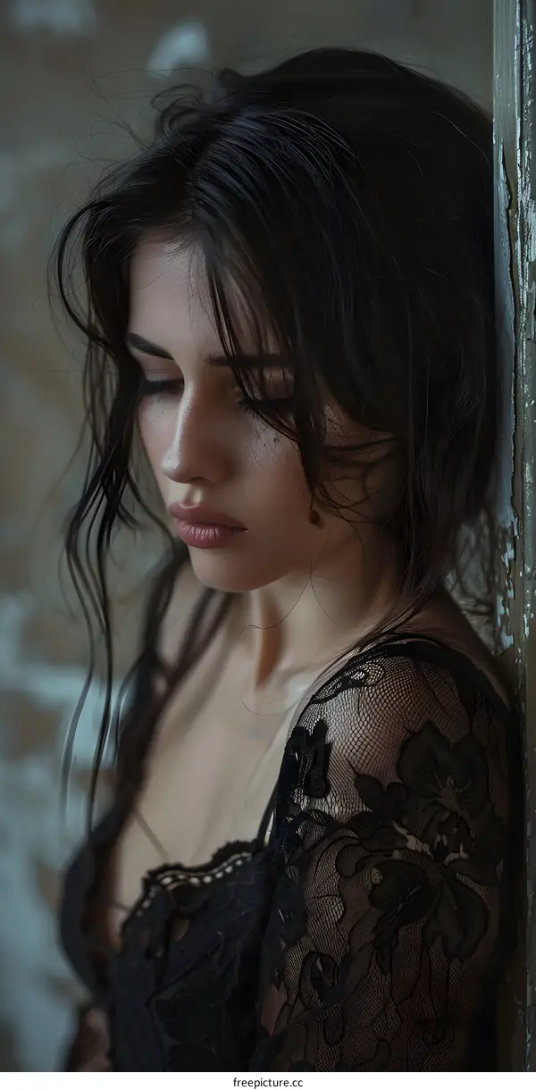 portrait of a beautiful woman with dark hair and black lace dress