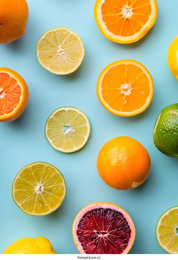 Citrus Fruits Pattern on Blue Background