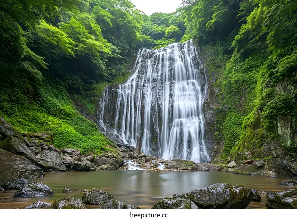Tall Waterfall Surrounded by Lush Green Foliage
