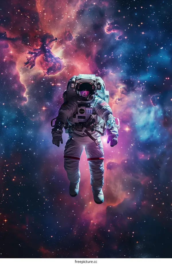 Astronaut in spacesuit with colorful nebula and stars in the background