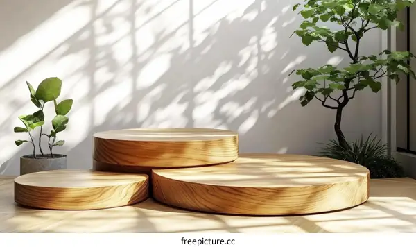 Wooden Display Platform with Natural Light and Plants