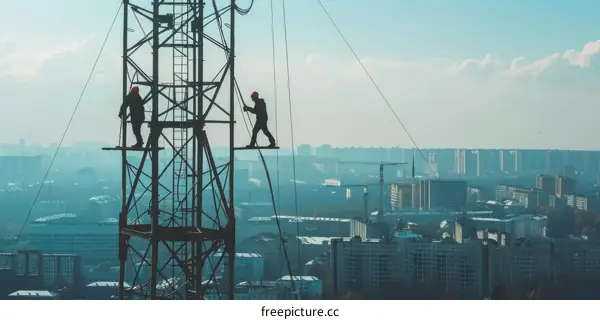 Two construction workers on a tower in Russia