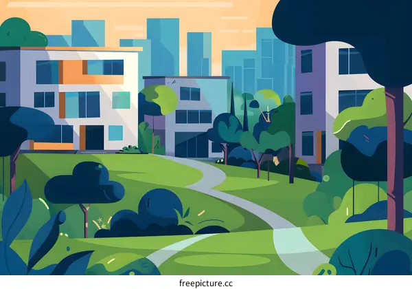 City Park Illustration with Green Grass and Winding Path