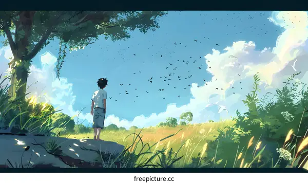 A Boy Gazing at the Sky Filled with Birds
