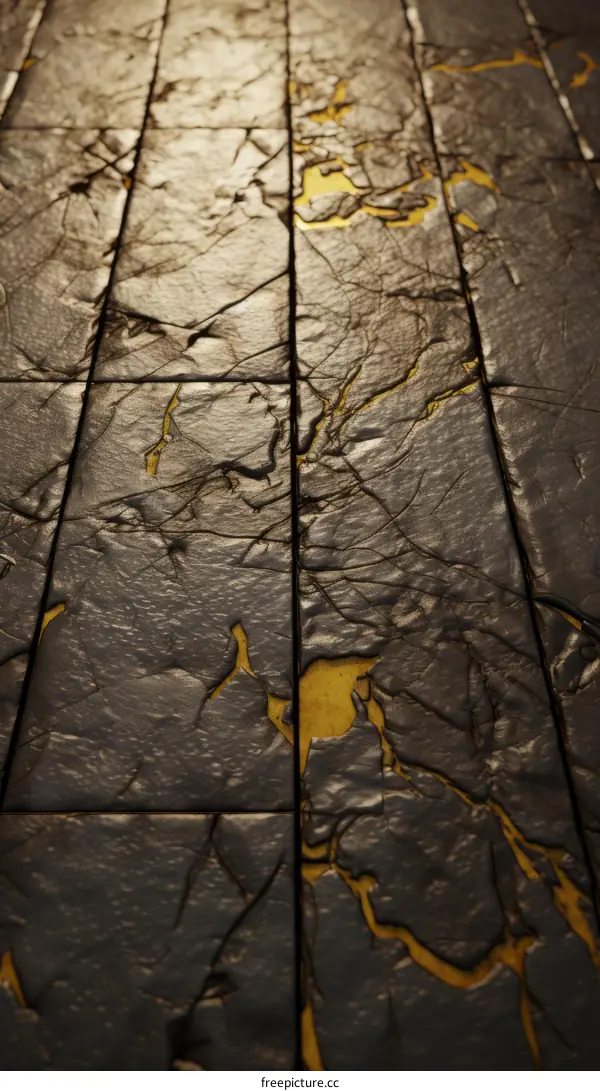 Abstract Golden Cracks on Black Ceramic Tiles
