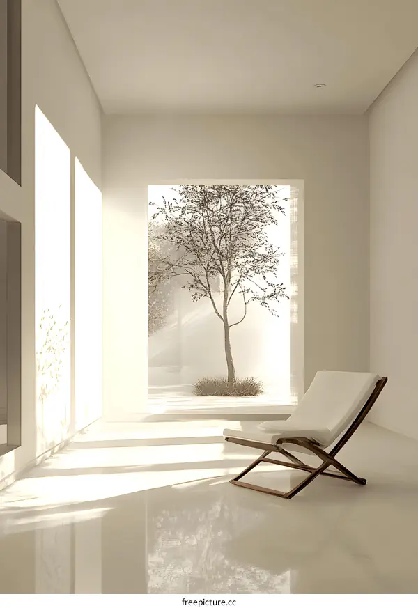 Minimalist White Room Interior Design With Folding Chair and View of Tree Through Window
