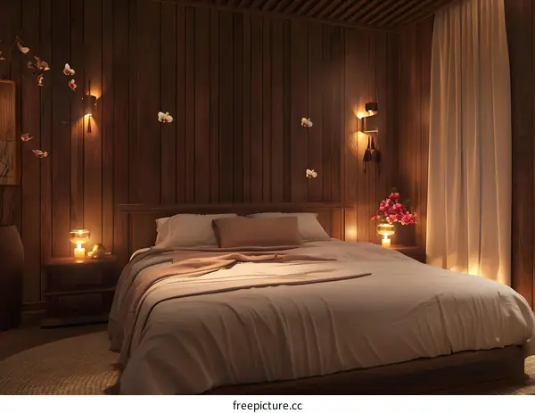 Cozy Wooden Bedroom Interior Design with Warm Lighting and Floral Accents