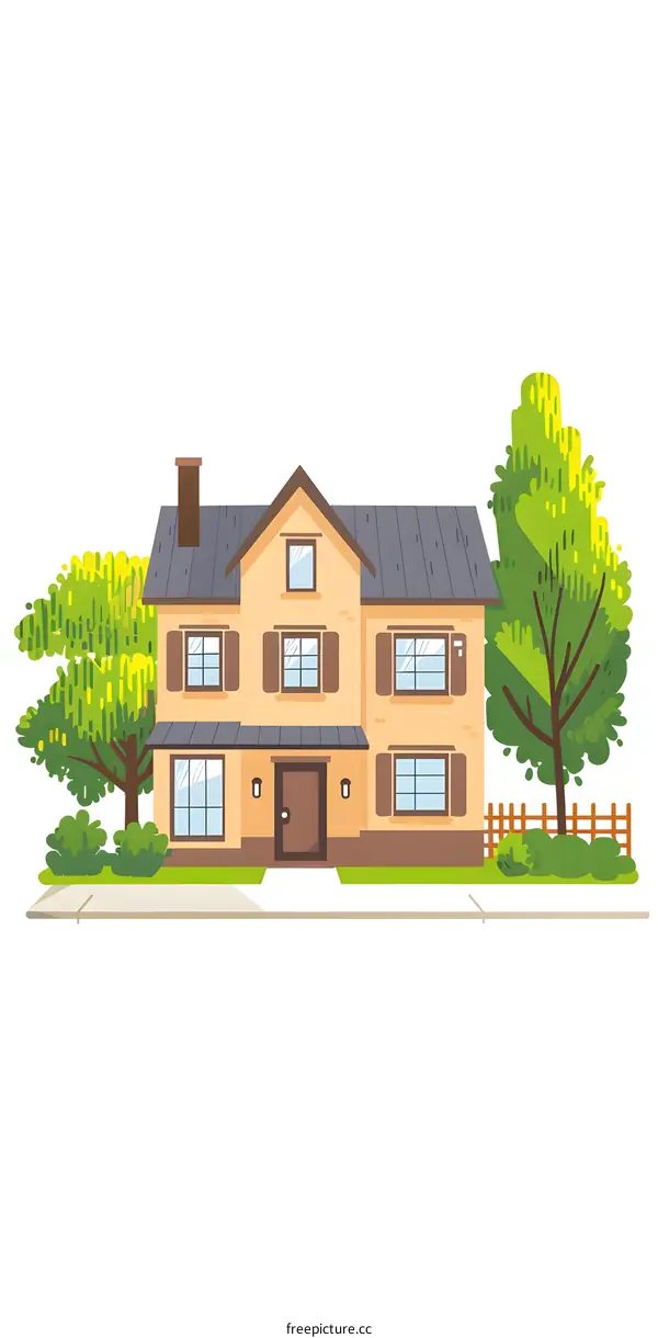 Cartoon Illustration of a Two Story House with a Front Yard