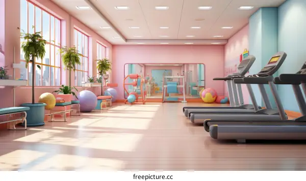 A colorful and modern gym with a variety of exercise equipment