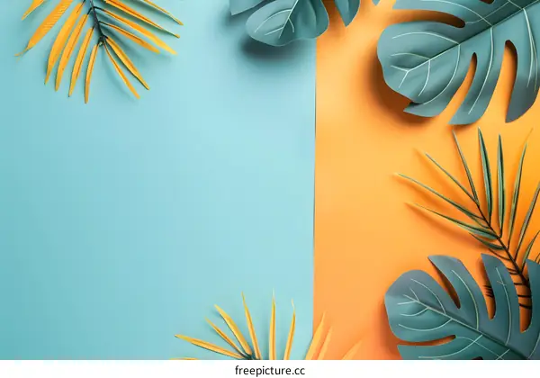 Tropical Leaves on a Blue and Orange Background
