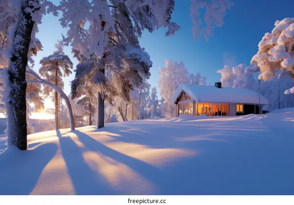A cabin in the snowy woods with a beautiful sunset