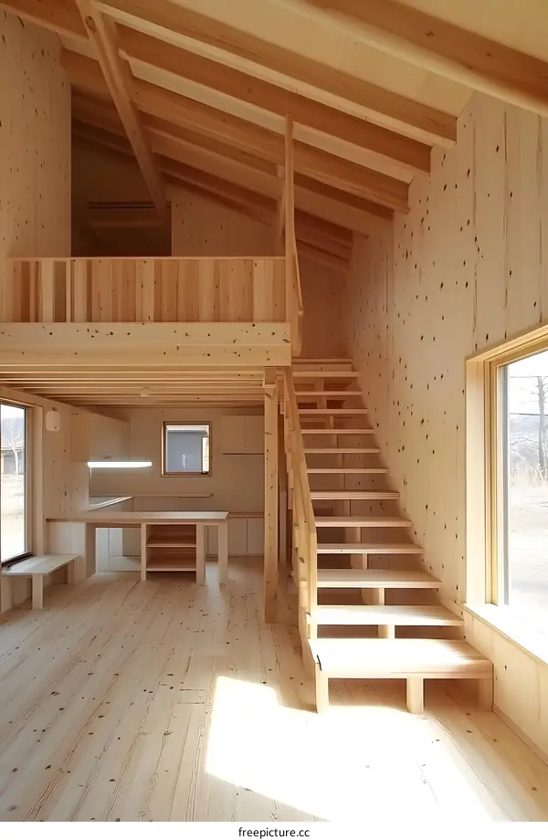Modern Wooden House Interior With Loft And Stairs