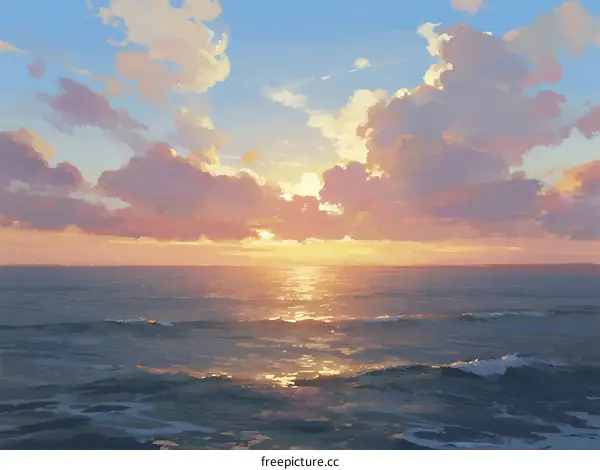 Golden Sunset Over Calm Ocean with Fluffy Clouds