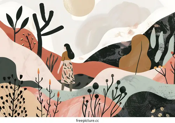 Woman Walking in a Abstract Landscape Illustration