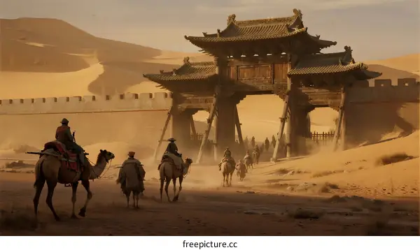 Camel caravans passing through ancient desert gate in golden hour