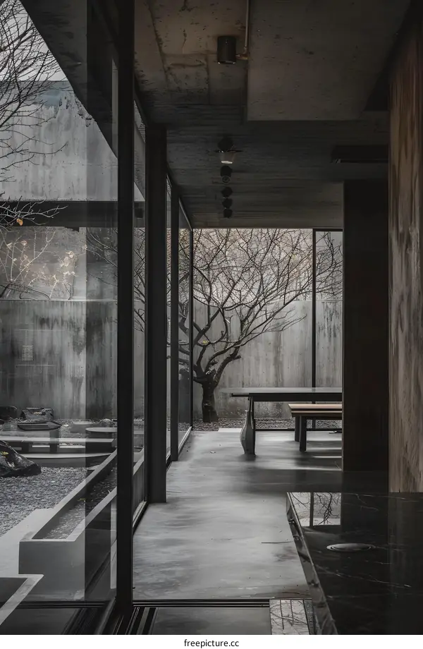 Minimalist Concrete House Interior Design with Large Windows and View of Courtyard