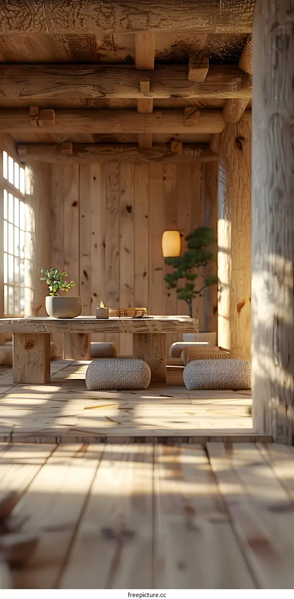 Japanese Style Room With Wooden Floor And Walls