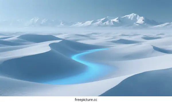 A Frozen Desert with Snow-Covered Dunes and a Winding Blue Stream