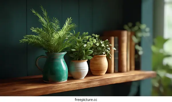 Home Decor Shelf with Plants and Books