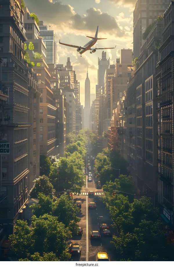 Airplane Soaring Above New York City