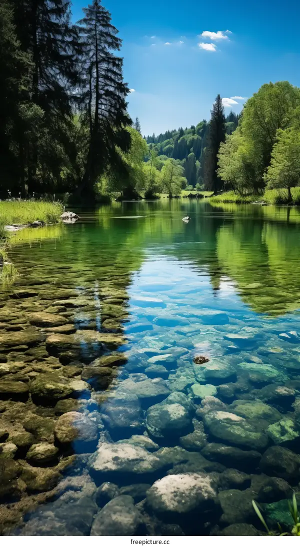 Clear River Water with Moss-Covered Rocks and Trees Along the Shoreline
