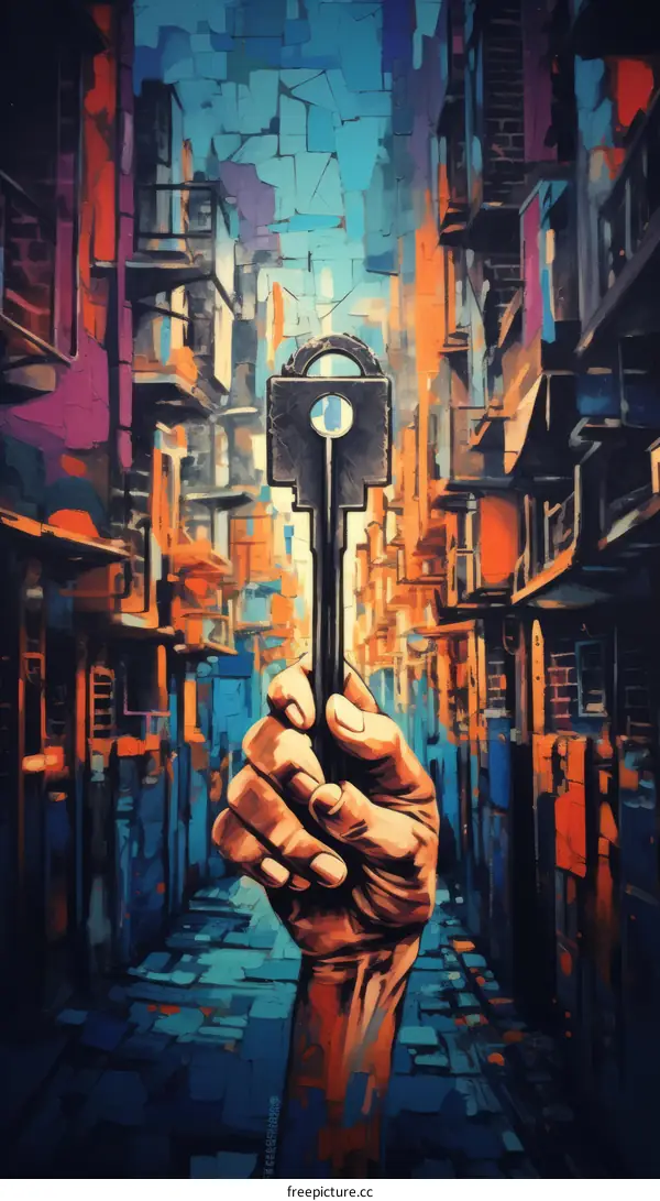 A hand holding a key in an alleyway