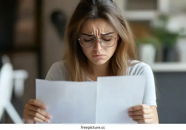 Woman Reading Documents with a Serious Expression