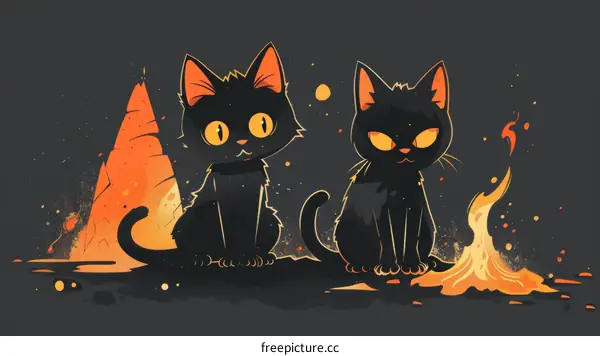 Two black cats sitting in front of a fire
