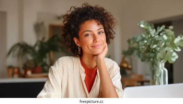 Smiling Woman in a Cozy Home Office Setting