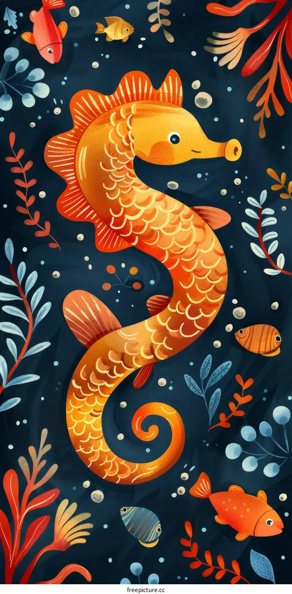 Vibrant Orange Seahorse in a Colorful Reef