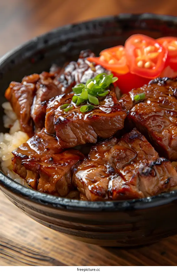 A bowl of beef steak with rice