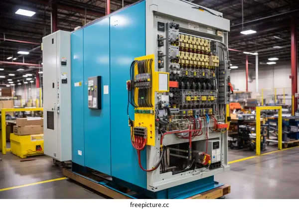 Electrical control panel with various electrical components and wiring