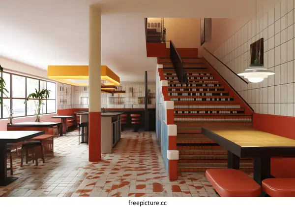 Modern Restaurant Interior Design with Brick Staircase