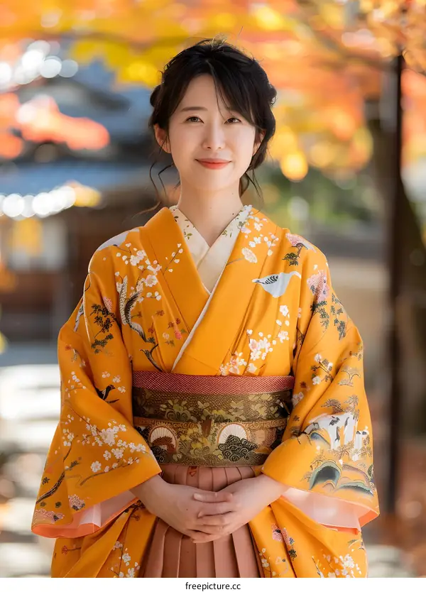 A woman wearing a kimono is standing in a garden.