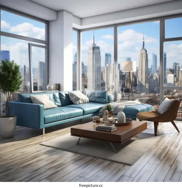 A modern living room with a large windows and a view of the city