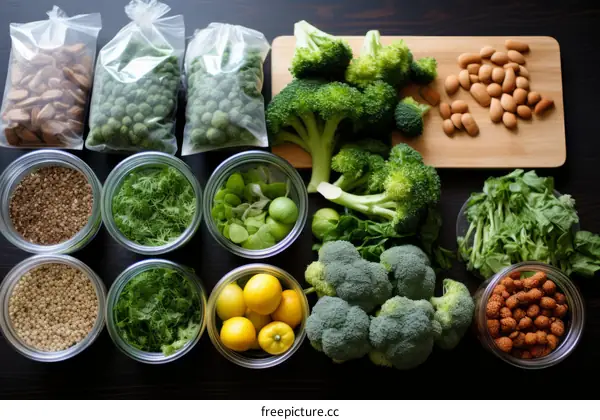Fresh and Healthy Vegetables and Nuts Displayed on Wooden Table