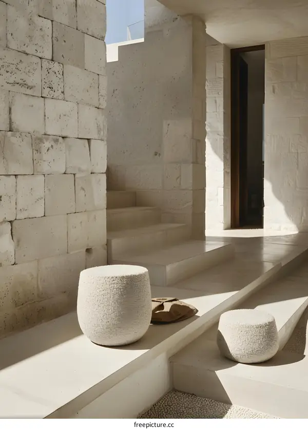Stone Steps And Stools In A Minimalist Modern Courtyard
