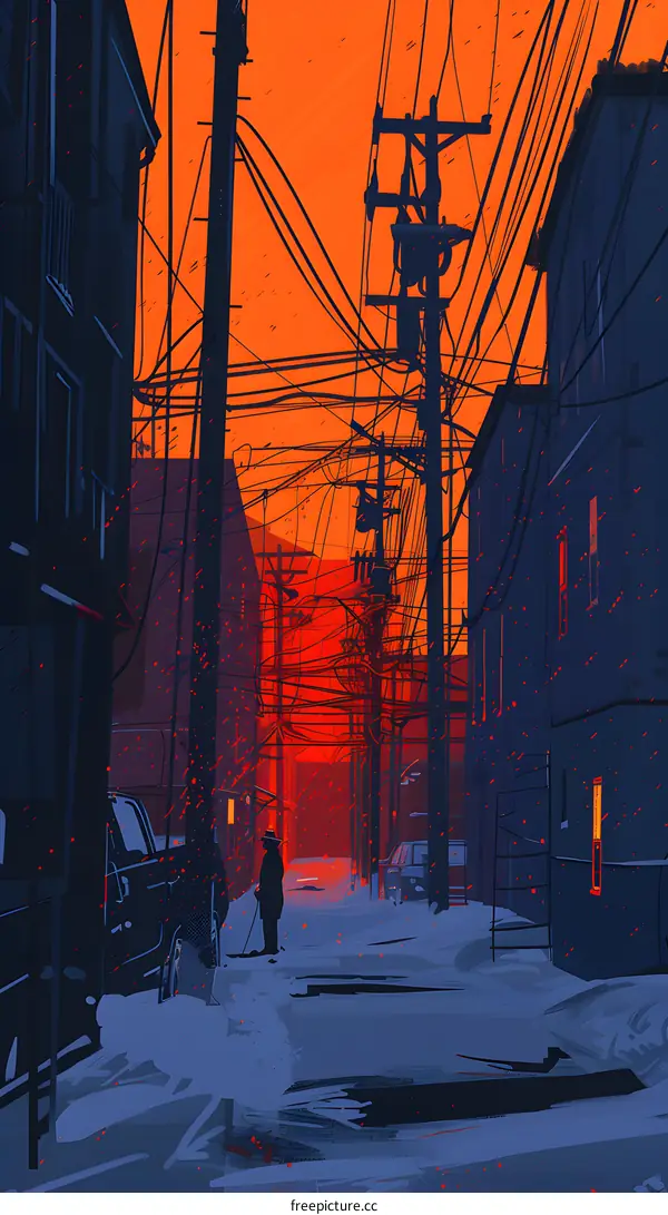 Silhouette of a Man Walking in a Snowy Alleyway Under a Sunset Sky