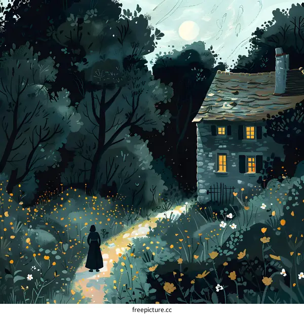 Mysterious Night in the Woods with a Woman Walking Towards a Stone House with Windows