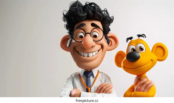 Smiling Cartoon Character with Dog