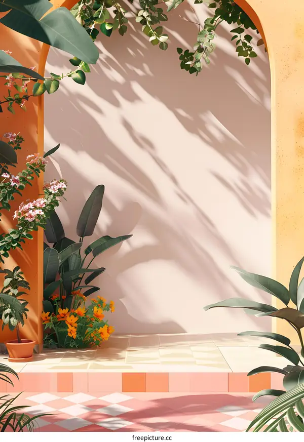 Tropical Garden Archway with Floral Details and Tile Floor