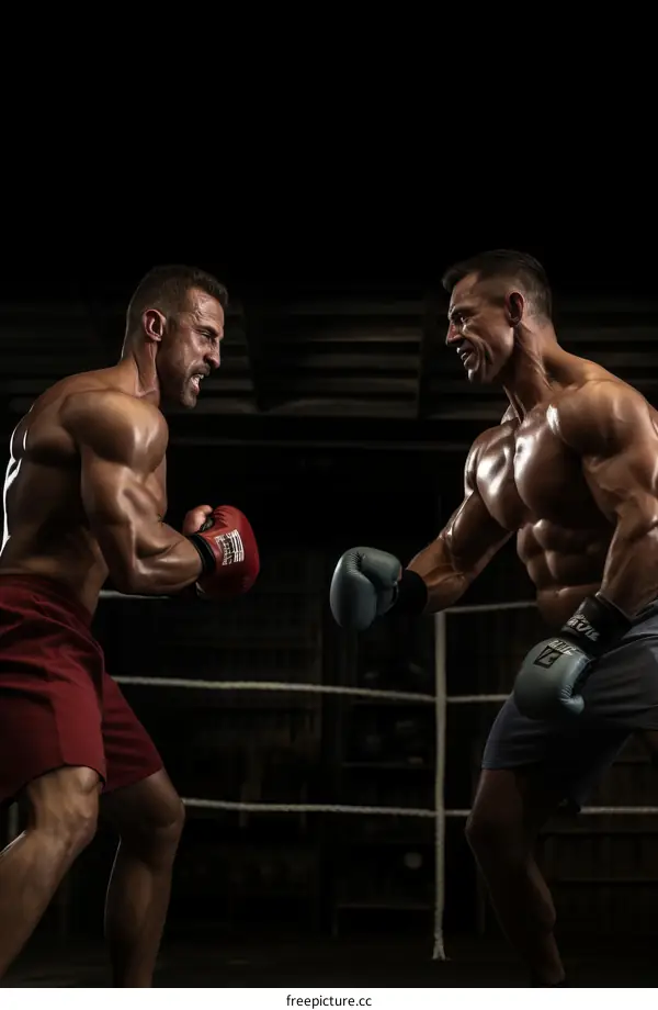 Two muscular men in a boxing match