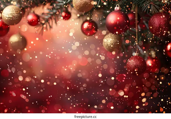 Christmas Ornaments Hanging from a Fir Tree Branch with Red and Gold Balls