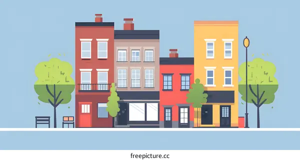 Colorful Row of Townhouses with Green Trees and Benches