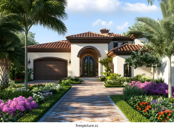 Luxury Mediterranean Style Home with Palm Trees and a Stone Driveway